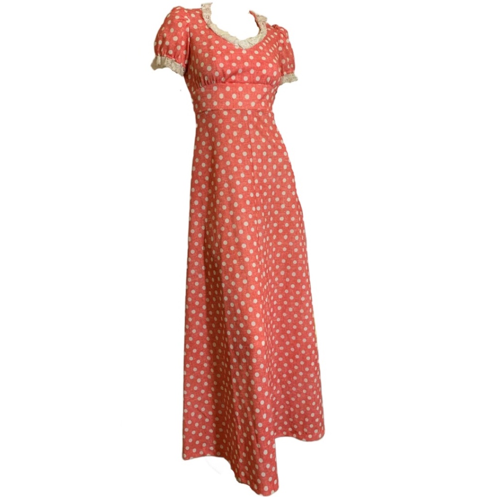 Vintage Darling Dolly Polka Dot Pink and White 1970s Maxi Dress